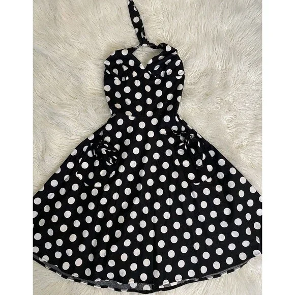 Women's Hell Bunny Black Polkadot Retro Pin Up Halter Dress EUC Size Small - Picture 1 of 8